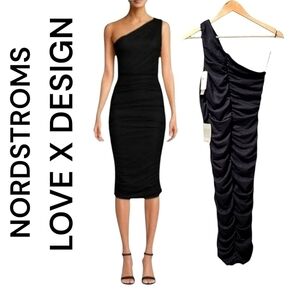 NORDSTROMS, LOVE X DESIGN, BLACK ONE SHOULDER RUNCHED DRESS. BODYCON MEDIUM
